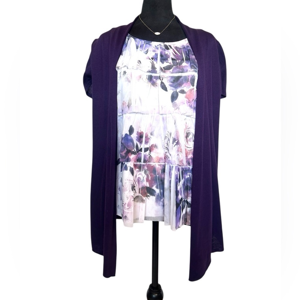 Perseption Concept Woman’s Medium Purple Floral Sleeveless Top with Cardigan